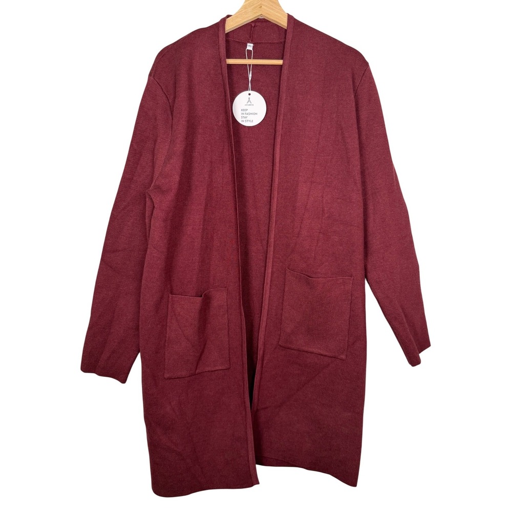 ANRABESS Women XL Burgundy Open Front Longline Cardigan Sweater with Pockets
